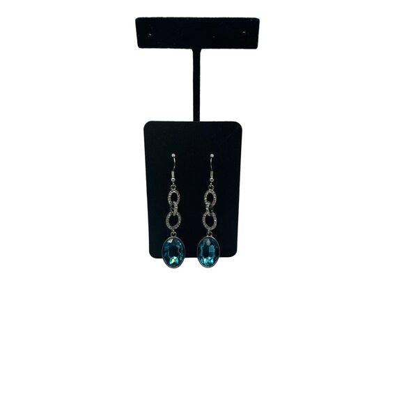 Blue Topaz and Rhinestone Silver Tone Dangle Drop Earrings 2.5 inch - Picture 2 of 5